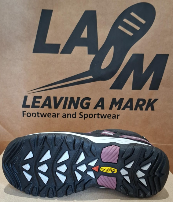 KEEN Targhee Mid Waterproof color gris oscuro, blanco y morado/rosado