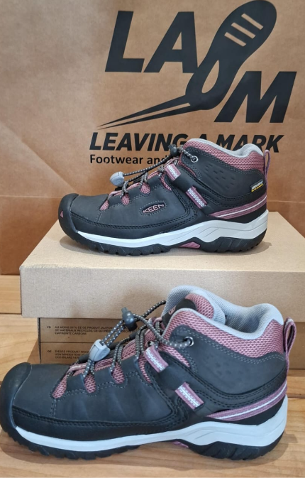 KEEN Targhee Mid Waterproof color gris oscuro, blanco y morado/rosado